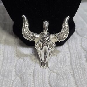 Large Silver Tone Bull Skull Pendant with Rhinestones
